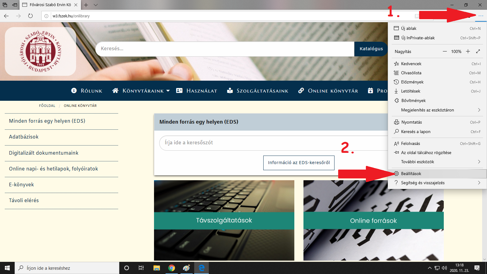Kép a könyvtár honlapjáról Segédlet a proxy beállításához Microsoft Edge-ben