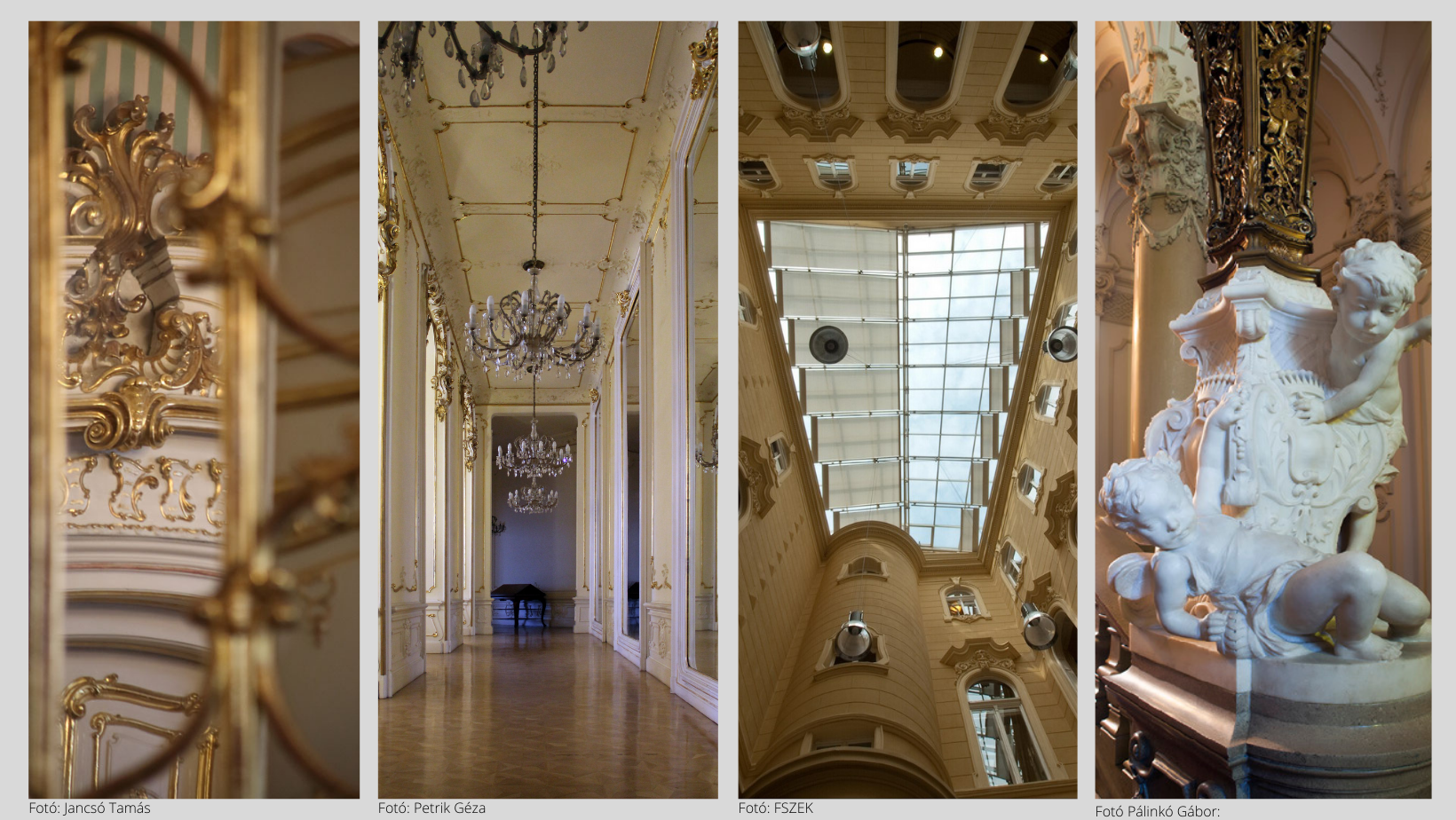 Fotómontázs a Wenckheim palota belső tereiről és épületdíszeiről.