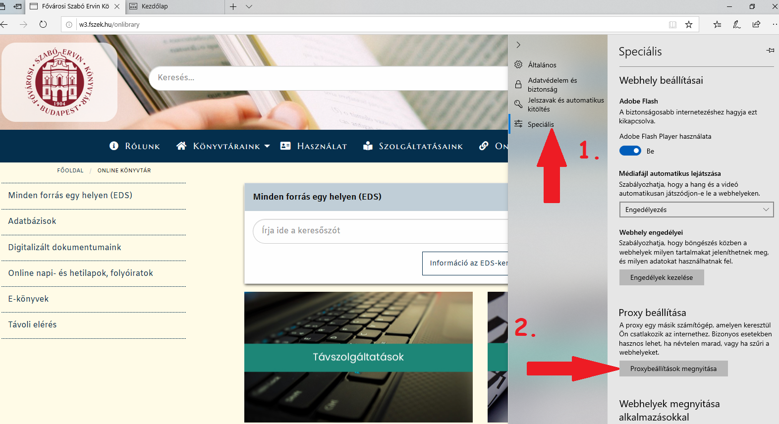 Kép a könyvtár honlapjáról Segédlet a proxy beállításához Microsoft Edge-ben