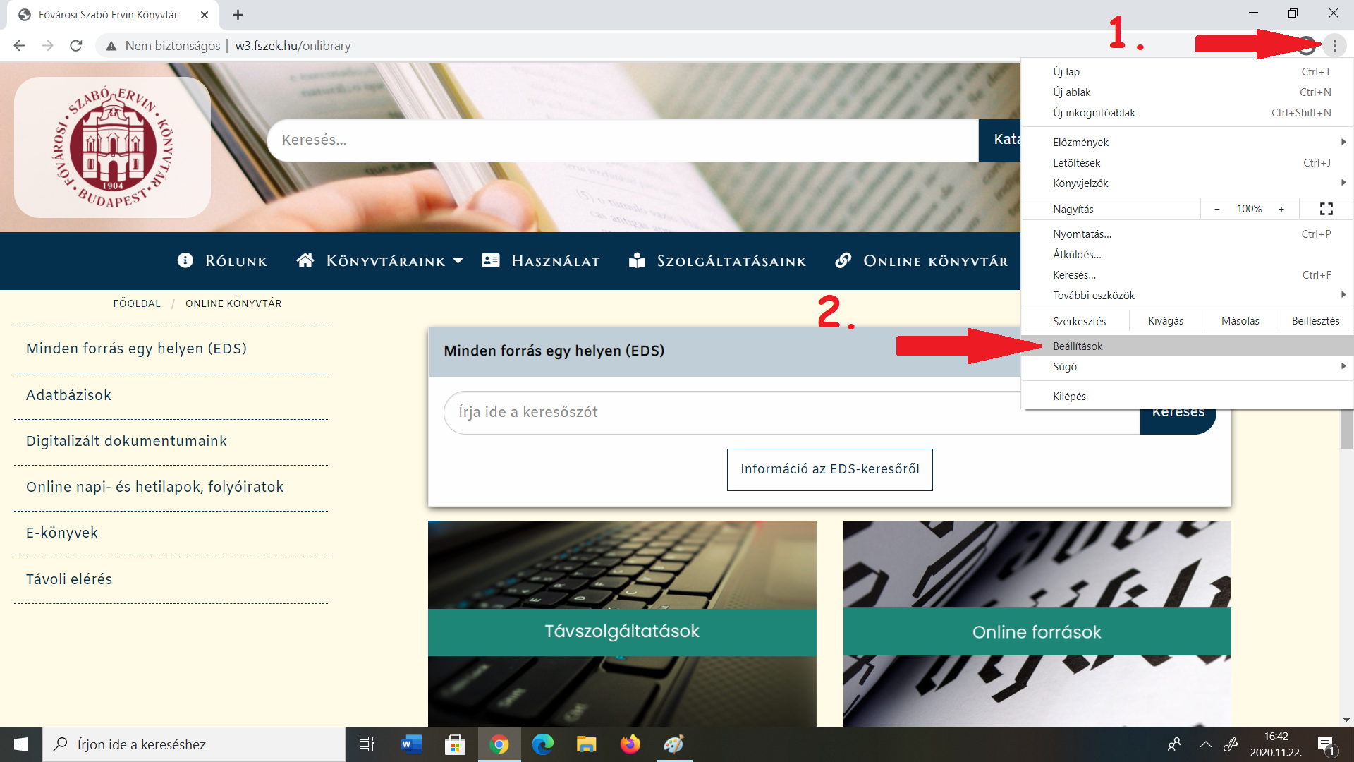 Kép a könyvtár honlapjáról Segédlet a proxy beállításához Google Chrome-ban