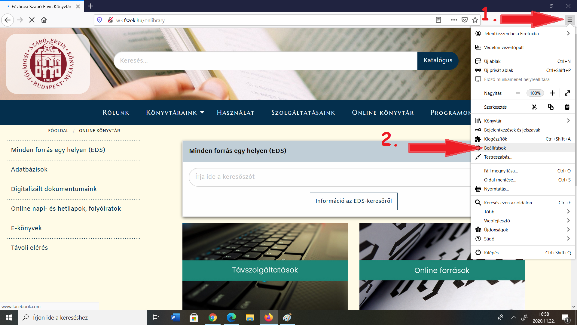 Kép a könyvtár honlapjáról Segédlet a proxy beállításához Firefoxban