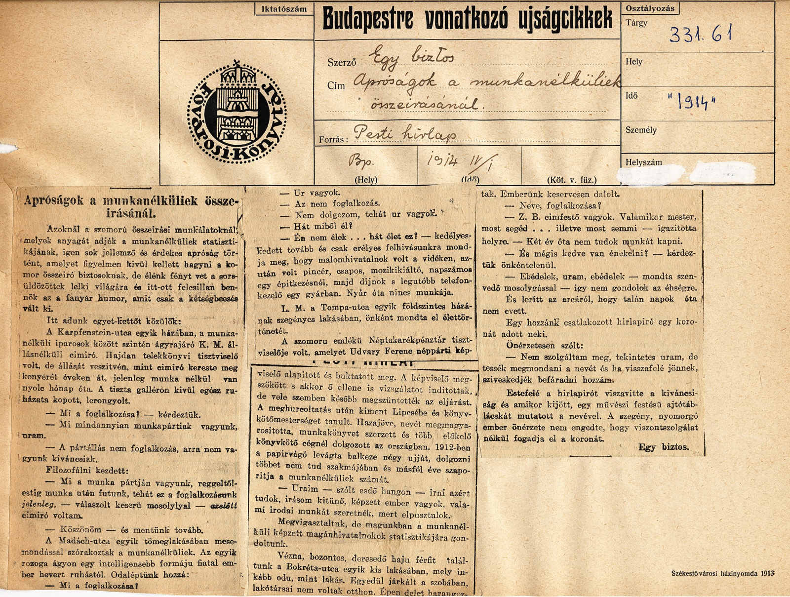 Egy cikk a könyvtár budapesti tárgyú sajtókivágatgyűjteményéből